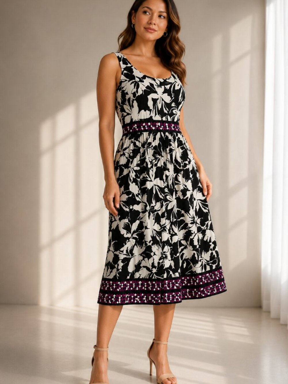 Apt. 9 XL Black Ivory Floral Empire Waist Stretch Midi Dress